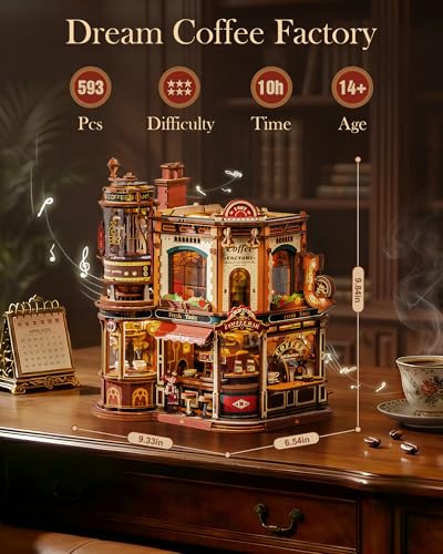 ROBOTIME Moving Coffee Factory 3D Wooden Puzzle for Adults — Mechanical Building Kit with Music Box & Warm LED Lights, 593PCS No-Glue Book Nook Kit, Miniature House Kit Desk Decor, Unique Gift