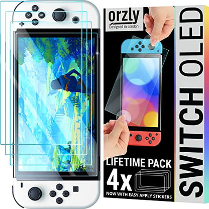 Orzly Glass Screen Protector for Nintendo Switch OLED 2024 Console Accessories (Pack of 4) - Tempered Glass Life time Edition - size: 7"