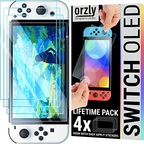 Orzly Glass Screen Protector for Nintendo Switch OLED 2024 Console Accessories (Pack of 4) - Tempered Glass Life time Edition - size: 7"