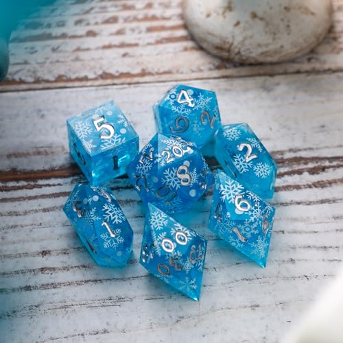 Christmas Blue Snowflake Resin DND Dice Set | 7 Pcs Polyhedral RPG Dice Set with Box | Hand Carved Resin RPG Dice for Dungeons & Dragons, Pathfinder, Tabletop Games