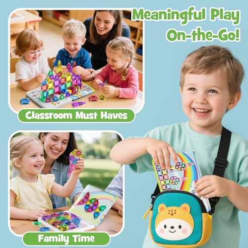 Magnetic Tiles Travel Toys for Kids 4-8, 42PCS Candy Color STEM Building Blocks with Visual Storage Guide & Metal Case, Airplane Activities & Toddler Travel Essentials Ages 3-5 - style: Magnetic Tiles Travel Construction Set - 42PCS