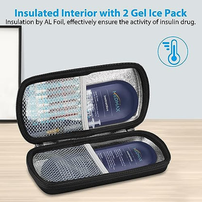 MEDMAX Hard Shell Insulin Cooler Travel Case with 2 Ice Pack, Shock Absorption Insulated Diabetic Medication Organizer Carrying Bag with Extra Pouch for Insulin Pen and Other Diabetic Supplies, Black - color: Black