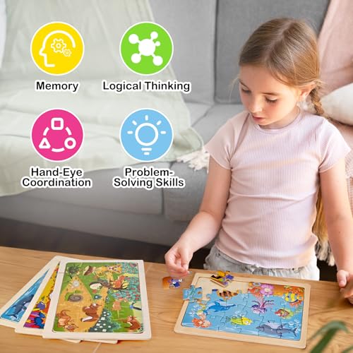 Puzzles for Kids Ages 4-6, 4 Packs 24 Pcs Wooden Puzzles for Kids | Thickened Animal Jigsaw Puzzles, Kids Puzzles Ages 3-5, Preschool Educational Learning Toys for Boys and Girls 3-8 Years Old
