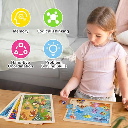 Puzzles for Kids Ages 4-6, 4 Packs 24 Pcs Wooden Puzzles for Kids | Thickened Animal Jigsaw Puzzles, Kids Puzzles Ages 3-5, Preschool Educational Learning Toys for Boys and Girls 3-8 Years Old