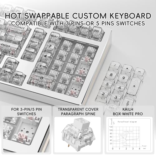 kutethy KY98 Wireless Mechanical Keyboard with Transparent Keycaps,Full Aluminum CNC,Hot-swappable,Pre-lubed Clicky Switches,Gasket Structure,RGB Backlit,BT5.0/2.4G/USB-C Wired (Silver) - color: Silver
