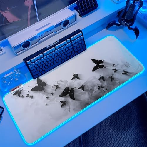 JMIYAV White Gaming Mouse Pad RGB Mousepad Non-Slip Rubber Base Extra Large Cool XL XXL Computer Desk Pad Gaming Accessories LED Light Up Extended Big Mouse Pad for Gamer Inkwing Butterflies - color: Inkwing Butterflies