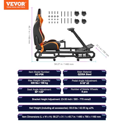 VEVOR Racing Wheel Stand, Racing Cockpit with Wheels for Logitech G923 G920 G29 & Thrustmaster T248P, Heavy Duty Steel Adjustable Cockpit, Max Load 330 LBS - style: Large Base with Wheels