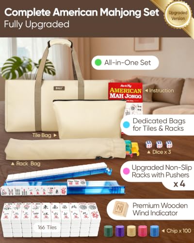 BALE® Upgraded American Mahjong Tile Set with Complete Game Accessories | 166 White Engraved 1.2" Mah Jongg Tiles , 4 Color Acrylic Racks Pushers,3 Pcs Majong Carrying Bags, Travel Family Friend Club - color: Classic Beige