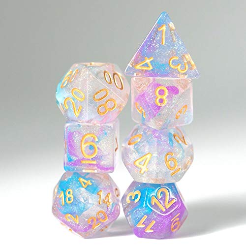 UDIXI Resin Glitter DND Dice Set Swirls RPG Polyhedral Dice Set for D&D | Purple & Blue Colors, Gold Number, Velvet Dice Bag Packaging, for Dungeons and Dragons Role Playing Games and Tabletop Games - color: A-purple Blue