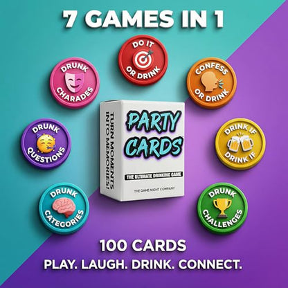 Party Cards — Fun Drinking Games for Adults | 100 Cards | 7 Games in 1 | Drink If, Dare, Confess & More | Card Game for Game Night, Girls Night, Bachelorette & Pool Parties | 2–8 Players