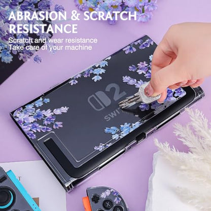 DLseego Protective Case Flower Floral Clear Switch 2 (2025), Detachable Joy-Handle Protective Case 2-Piece Split Full Wrap PC Hard Shell Anti-Scratch All-Round Protection Cover, Lavender, Purple - color: Purple 2