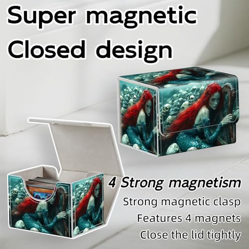 Trading Card Storage Box, Holds 100+ for MTG Cards, PU Leather with Magnetic Closure, Red Haired Mermaid with Harp and Skulls Durable Deck Box for Magic the Gathering, Trading Card Games - color: Red Haired Mermaid with Harp and Skulls