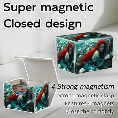 Trading Card Storage Box, Holds 100+ for MTG Cards, PU Leather with Magnetic Closure, Red Haired Mermaid with Harp and Skulls Durable Deck Box for Magic the Gathering, Trading Card Games - color: Red Haired Mermaid with Harp and Skulls