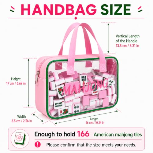 Empty Mahjong Tile Bag American Clear Mahjong Case with Zipper | PVC Mahjong Bag Storage 166 Tiles Waterproof Holder with Handles Letters Printed for Game Days Gift Travel Pink Case Only - color: Pink