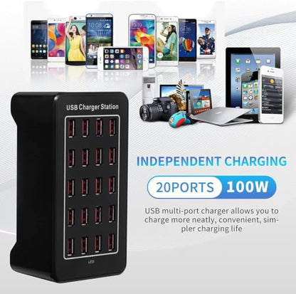 USB Charger, 100W(20A) Desktop USB Charging Station, 20-Port Multi-Function Smart Charger Kompatibel mit iPhone 11/12/13/14/15/16/Galaxy S24/S23/S22/S21/iPad/Tablets/Smartwatches/Headphones