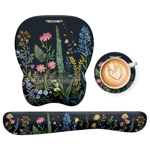TECKNET Gel Ergonomic Mouse Pad & Keyboard Wrist Rest & Coaster | 3 in 1 Set, Pain Relief, Milk Silk Cloth, Non-Slip PU Base, Easy Typing, Memory Foam Wrist Support for Office & Home - color: Black + Floral Print