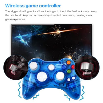 USonline911 Wireless 2.4GHz Gamepad for Xbox 360 Controller with USB Receiver, for Microsoft Xbox 360 & for PC Windows 11/10, Dual Vibration & 7-Color Custom LED Lights (Blue)