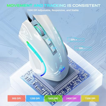 Redragon M602 Gaming Mouse, Ergonomic RGB Gaming Mouse Wired with 7200 Adjustable DPI, 9 Programmable Buttons, Professional Software for Gamer Office [White] - color: White