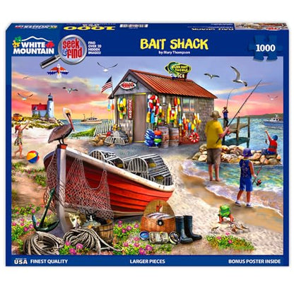 White Mountain 1000 Piece Jigsaw Puzzle, Bait Shack Seek & Find | Large Pieces, Gift for Adults and Family, 24"x30" in, Coastal Fishing Beach