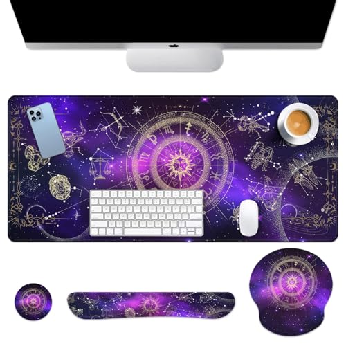 Arttown Sun Space Galaxy Desk Mat Constellation Astrology Mouse Pad Set 4 in 1 Ergonomic Design Large Mousepad + Keyboard Wrist Rest + Mouse Wrist Rest + Coaster Suitable for Home Office Study Game - color: Galaxy Constellation