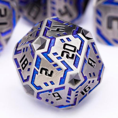 Metal DND Sci-fi Dice Set 7PCS Stripe Polyhedral Dice for Dungeons Dragons RPG Role Playing Game, Glitter D and D Dice with Gift Box D6 D8 D10 D12 D20 (Blue Purple&Grey) - color: Silver Gray - Blue
