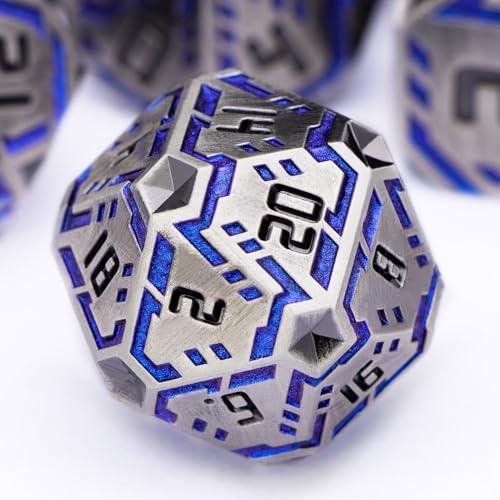 Metal DND Sci-fi Dice Set 7PCS Stripe Polyhedral Dice for Dungeons Dragons RPG Role Playing Game, Glitter D and D Dice with Gift Box D6 D8 D10 D12 D20 (Blue Purple&Grey) - color: Silver Gray - Blue