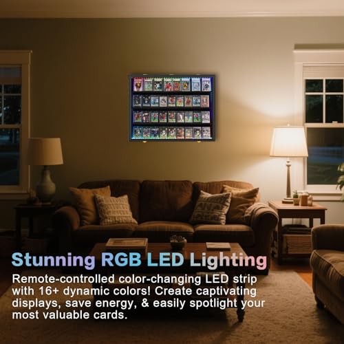 VERANI 36 LED Graded Sports Baseball Card Display Case Wall Mount Black | Large 36-slot inner space,Built-in soft LED light strips,Fully sealed dustproof structure,Wall mount vertical design - size: Large-Horizontal-Black-with LED