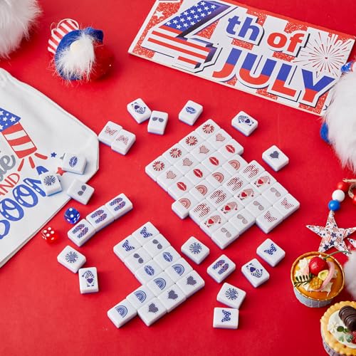 Hollowfly 2 Player Patriotic Mahjong Block Set with Storage Bags 65 Tiles 30 mm 4th of July Mahjong Push Tile Game with Red and Blue Pattern No DIY Required for Friend Family Game Night Party Gift - style: Red and Blue