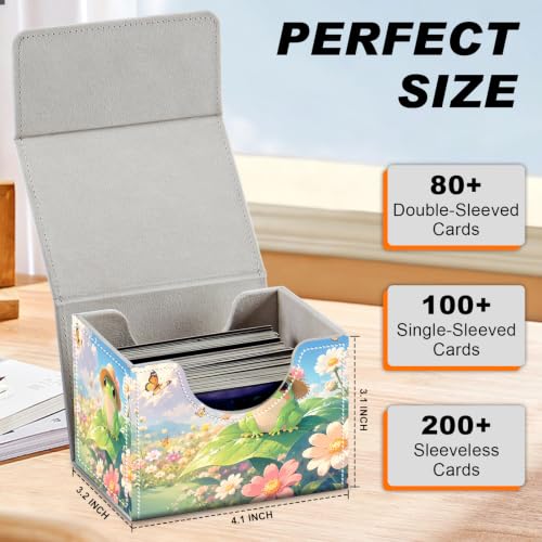 Magnetic Closure TCG Deck Box Portable Card Holder Trading Card Deck Box | PU Leather Collectible Card Case Game Trading Card Deck Box Storage Scratch Resistant Lining, Cute Green Frog Daisy Flower - color: Cute Green Frog Daisy Flower