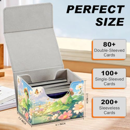 Magnetic Closure TCG Deck Box Portable Card Holder Trading Card Deck Box | PU Leather Collectible Card Case Game Trading Card Deck Box Storage Scratch Resistant Lining, Cute Green Frog Daisy Flower - color: Cute Green Frog Daisy Flower