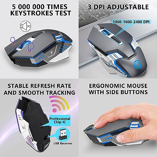 Bluetooth Gaming Mouse, RGB Rechargeable USB Wireless Mouse, Quiet Click, LED Backlit, Ergonomic, with Side Button, 6 Button, DPI Adjustable, Computer Mice for Laptop PC MacBook Chromebook - Grey - color: Grey
