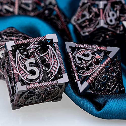 ARUOHHA Hollow DND Metal Dice Set Black Red Dragons D and D Dice, RPG Role Playing Games Dungeons Polyhedral Dice with Gift Box D20 D12 D10 D8 D6 D4 - color: Black Red