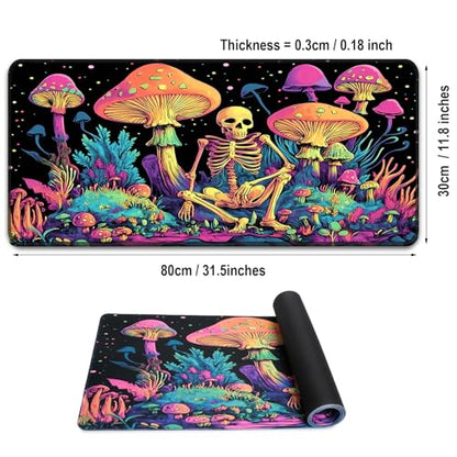 Simpkeely Large Gaming Mouse Pad XL - Blacklight Skull Mushroom Desk Mat, 31.5 x 11.8 Inch Extended Waterproof Keyboard Mousepad with Non-Slip Rubber Base for Gamers & Office Work - color: Mushroom Skull
