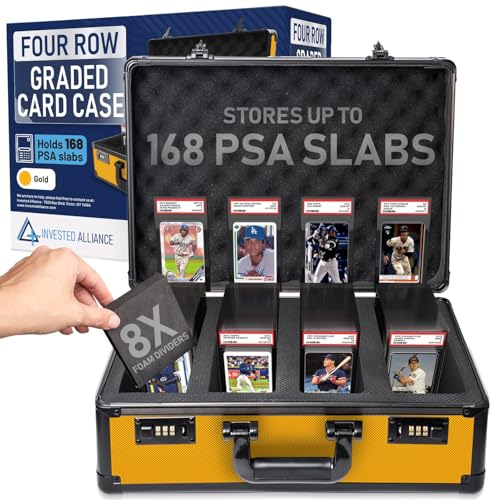 Premium 4 Row PSA Slab Case For Graded Cards | 168 Graded Card Case Storage Box For PSA, BGS, SGC & More. Sports, Baseball, Football, Trading, TCG Collector Slab Storage Box Top Loader Holder. - color: Gold