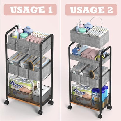 LIDTOP 2In1 Baby Diaper Caddy & 3-Tier Rolling Diaper Cart, Diaper Caddy Organizer Cart with Dividers, Mobile Metal Utility Cart for Nursery Essentials, Detachable Bedside Cart, Large Capacity - color: Black