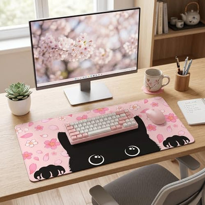 Black Cat Mouse Pad Extended Large Cute Pink Cherry Blossom Desk Mat Big Floral Flowers Desk Pad Set XXL Aesthetic Paw Gaming Mouse Pad for Keyboard Computer Laptop Home Office Girl 31.5X15.7Inches - color: Cherry Blossom Cat