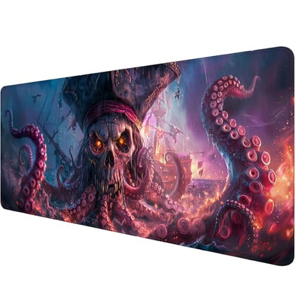 Octopus Pirate Skull Desk Mat Black Ship Large Gaming Mouse Mat with Stitched Edges,Non-Slip Waterproof Rubber Base Mous Mat 31.5"x11.8" Office Computer Keyboard Laptop Home - color: Octopus Pirate Skull_019, size: 11.8" x 31.5"