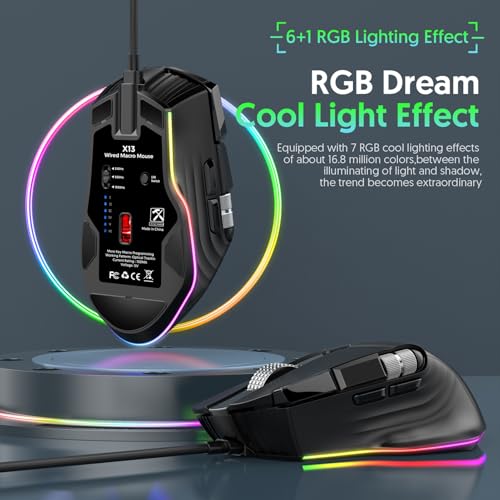 Zunate RGB Wired Gaming Mouse, 12400 DPI, Dual Wheels, 11 Buttons | 7 RGB Modes, 12400 DPI, 1000Hz Polling, 11 Buttons, 20 Macros, Dual Wheels, Ergonomic Wired Design