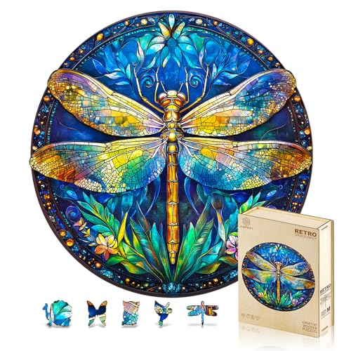Jigfoxy Wooden Puzzles for Adults, Retro Dragonfly Wood Puzzles Adult, Unique Animal-Shaped Wooden Jigsaw Puzzles for Adults, Christmas Thanksgiving Gifts for Family and Friends (S-8.5*8.5in-100pcs) - color: Dragonfly, size: Small