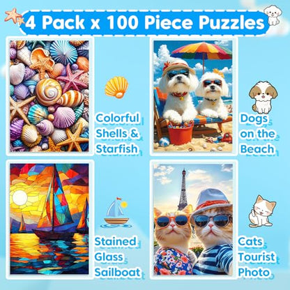 4 Packs 100 Piece Puzzle - Shells Sailboat Cats Dogs Jigsaw Puzzles, 100 Piece Puzzles for Adults Seniors Kids Puzzles for Kids Ages 4-6 6-8 8-10 Educational Puzzle Toys 15"x11" - style: Shells Sailboat Cats & Dogs