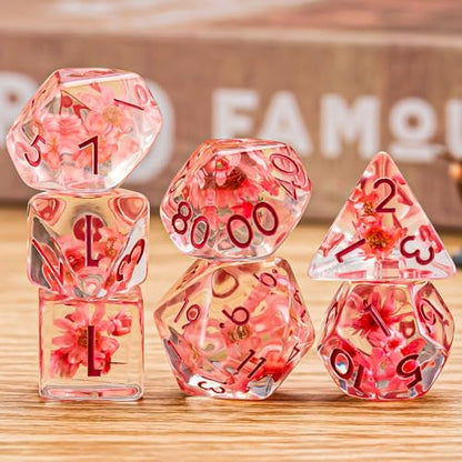 Flower Resin D&D Dice Set, 7pcs Polyhedral Dice for Dungeons and Dragons, RPG, MTG, Role Playing Games (D4, D6, D8, D10, D12, D20, D%) - color: Pink Flowers