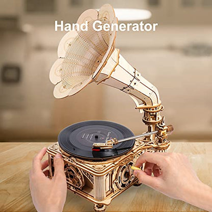 ROKR 3D Wooden Puzzles Gramophone for Adults - DIY Mechanical Model Kit 1:1 Replica Record Player Support 7"/10" Vinyl Building Gift Hobbies for Adults Home Decor