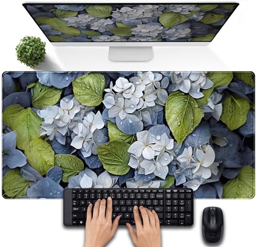 Large Desk Mat Hydrangea Floral Extended Gaming Mouse Pad, Keyboard Mouse Mat for Office & Home, Cottagecore Desk Pad XXL Computer Desktop Pad, Office Desk Accessories for Women 31.5×15.7 Inch - color: Blue and White Hydrangea