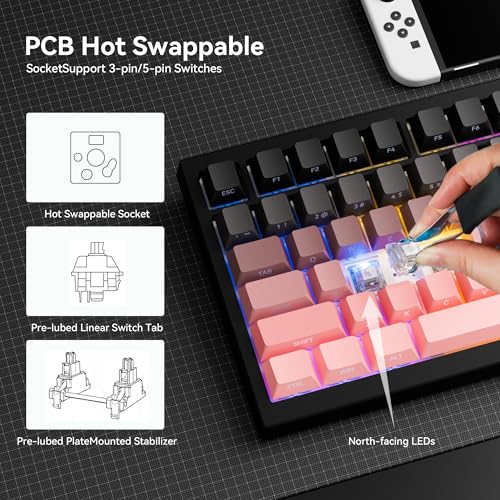 Gurjot Wireless Mechanical Keyboard,75% Hot Swappable Keyboard with Knob,8000mAH Battery RGB Backlit,Side Printed PBT Keycaps,2.4GHz/USB-C/BT5.0 Mechanical Gaming Keyboards, Black&Pink - color: Pink Black