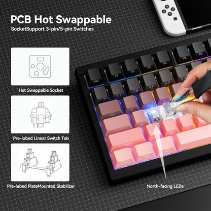 Gurjot Wireless Mechanical Keyboard,75% Hot Swappable Keyboard with Knob,8000mAH Battery RGB Backlit,Side Printed PBT Keycaps,2.4GHz/USB-C/BT5.0 Mechanical Gaming Keyboards, Black&Pink - color: Pink Black
