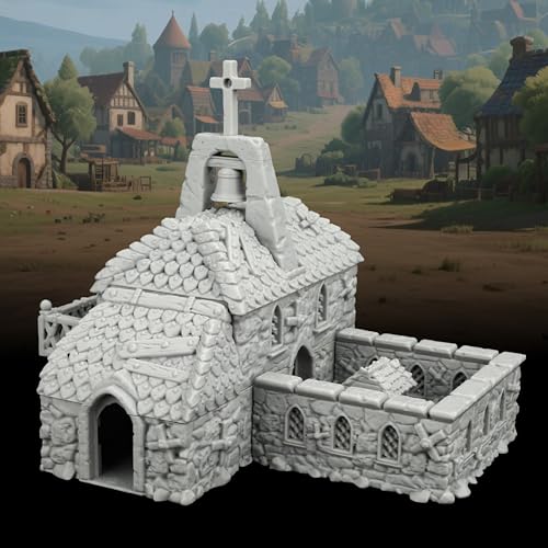 AUSPDICE RPG Accessory, 25mm Medieval Village Church Tabletop RPG Terrain | 1:64 Unpainted Fantasy Chapel with Bell Tower, DND Terrain Building for Dungeons and Dragons, TTRPG Wargame Scenery-AF1124G - color: Af1124g Medieval Village G