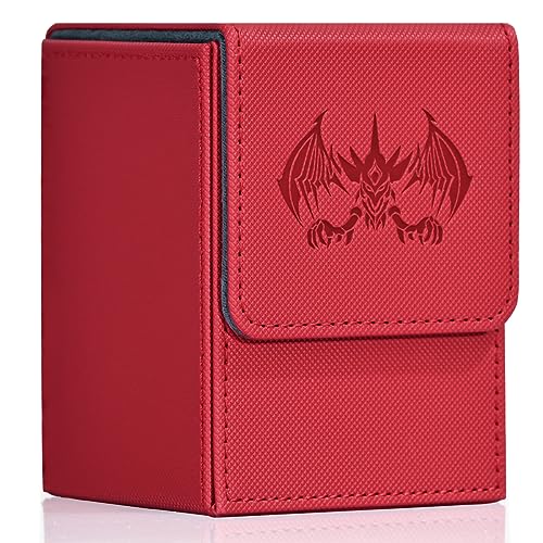 UAONO Card Deck Box for Yugioh MTG Cards, 100+ Deck Case with 2 Dividers Fits TCG CCG, PU Leather Card Storage Box Compatible with Collectible Trading Cards (Red, Extinction Dragon) - color: B-Red