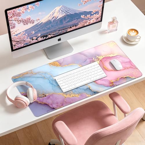 Large Gaming Mouse Pad, XL Desk Protector, Non-Slip Base | 31.5x15.7 in Extended Desk Mat with Stitched Edges for Keyboard, Work, Game, Office, Home PC and Laptop - color: Pink Marble