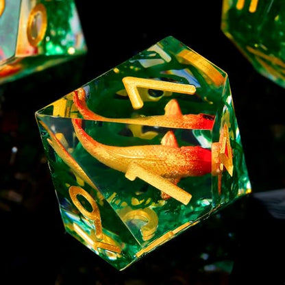 Moss and Koi Fish DND Dice Set - 7Pcs Sharp Edge Resin Polyhedral Game Dice for D&D RPG - Includes D20, D12, D10, D8, D6, D4 - Moss Agate Fish Design(Gold) - color: Gold