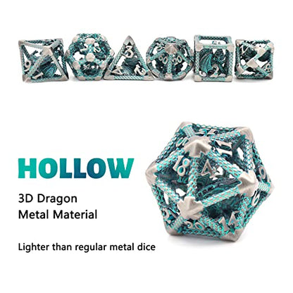 DND Dice Set,3D Hollow Dragon Metal 7-Die,Silver Blue | Solid Copper,Lightweight 68g Dice Set,Easy-to-Read Numbers,Gift Box & Velvet Bag for DND and TTRPG Gaming - color: 3d-sliver Blue